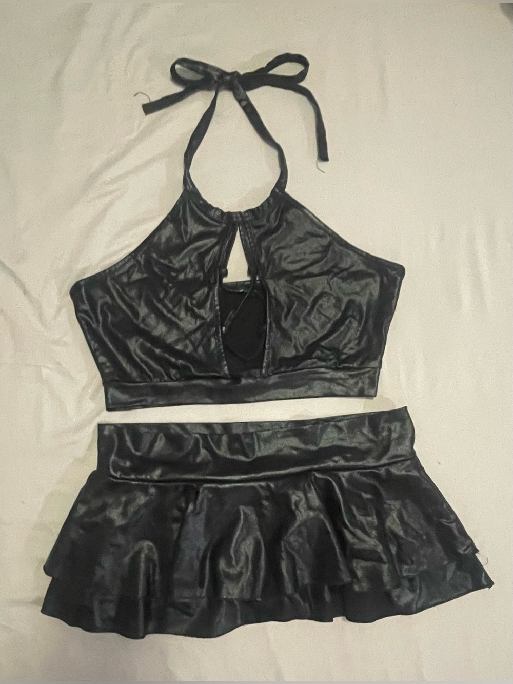 Black Satin Halter Crop Top & Skirt Set - Women